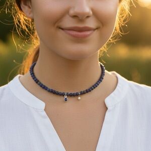 💙 Deep Blue Luxury: Lapis Lazuli Choker with Sapphire & Pearl Charms 💎